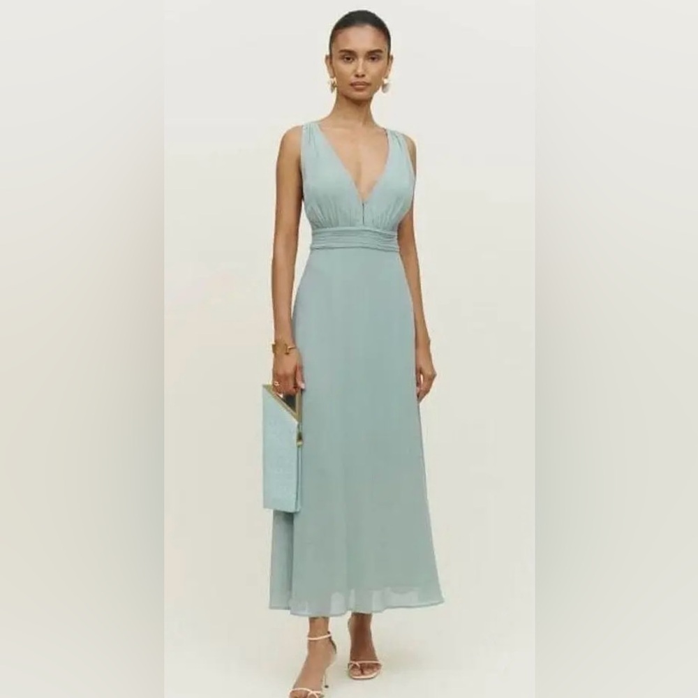 Reformation Rosalind Green Sleeveless Plunge Gown